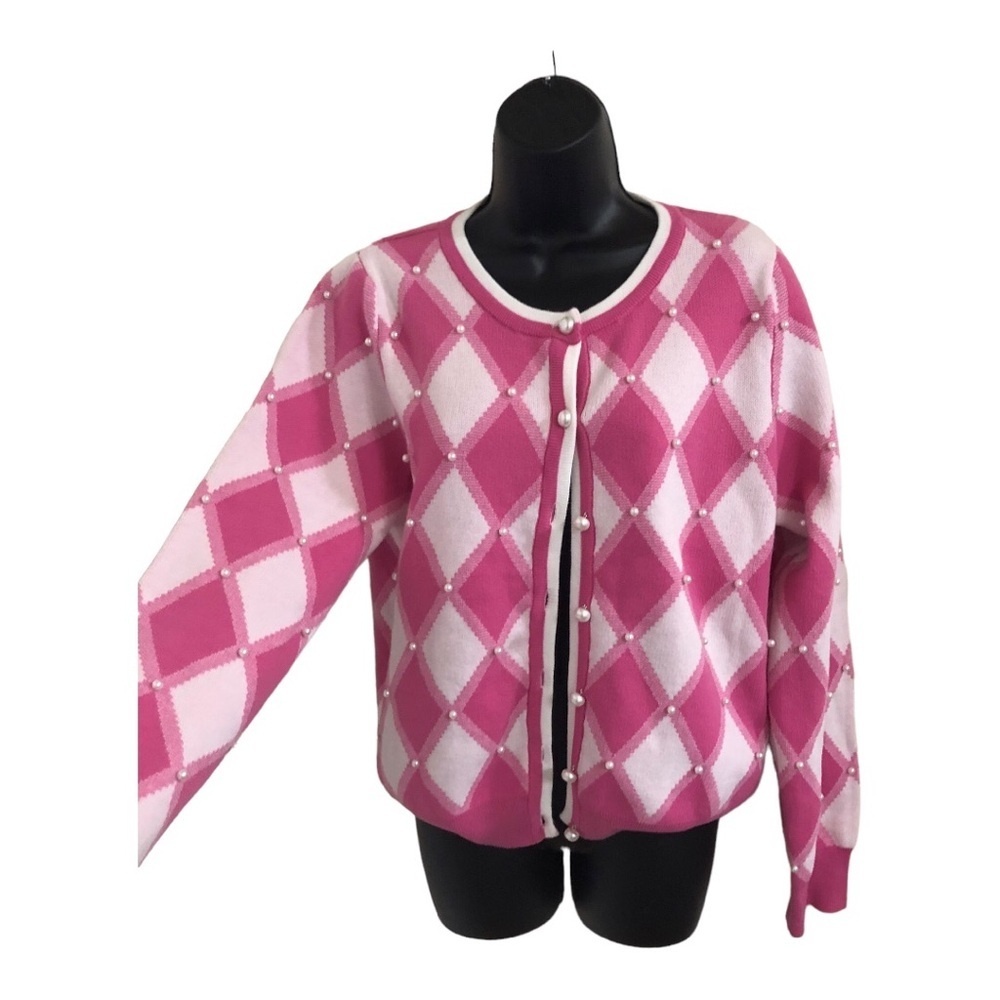 Nanette Lepore pink white diamond print long sleeve cardigan sweater size medium
